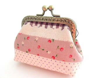 Red flower frame coin pouch cotton linen fabric, bronze kiss lock clasp purse metal frame purse, change purse