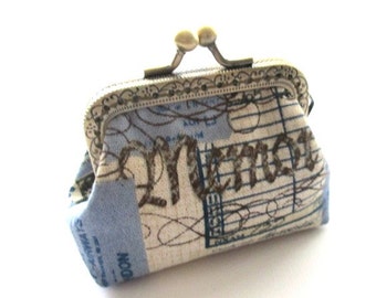 Blue beige cotton linen fabric coin frame purse bronze kiss lock clasp purse, frame pouch, metal frame purse, mini bag