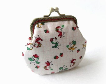 Frame coin pouch, cute birds with strawberries cotton fabric, bronze kiss lock clasp, metal change purse