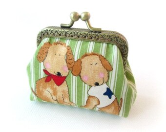 Dog frame coin pouch white green stripe, bronze kiss lock clasp pouch dog in love metal frame change purse, snap frame purse
