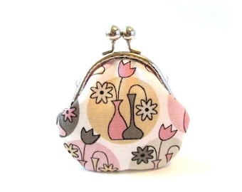 Frame coin pouch, grey pink kiss lock clasp silver frame purse metal change purse