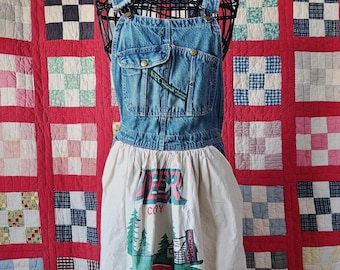 Key Overalls Feed Sack Jumper - Upcycle Vintage Deer Minnesota Seed Potato Sack Dress - Waist 31"