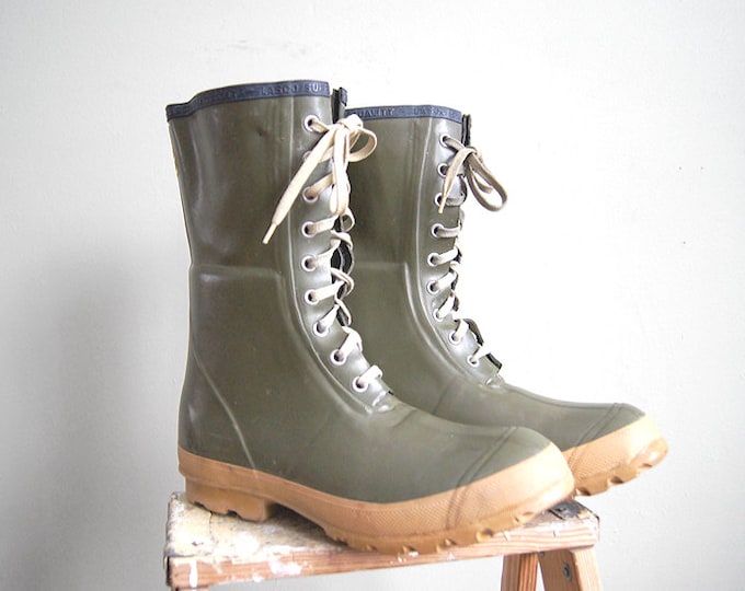 Vintage 70s Green Rubber Boots Lace up Wellingtons Wellies Lasco Super