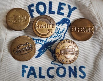 Old Brass Workwear Buttons - Lot of 5 - Carhartt Burbank Granite Railroad Train Wobble Shank Buttons - Old Advertising - Americana
