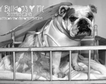 Card #51, #52, #53/New Little Angel ~ English Bulldog New baby Greeting Card (Please specify white, blue or pink blanket)