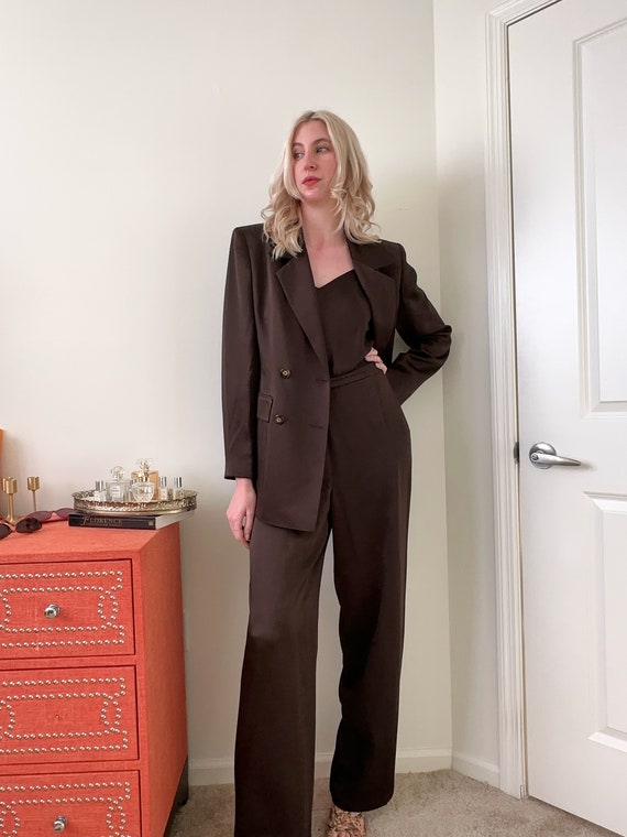 90's Chocolate Satin Pant Suit. Blazer, Top & Pant - image 4