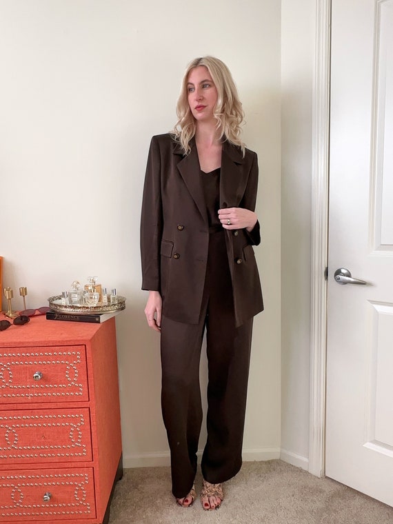 90's Chocolate Satin Pant Suit. Blazer, Top & Pant