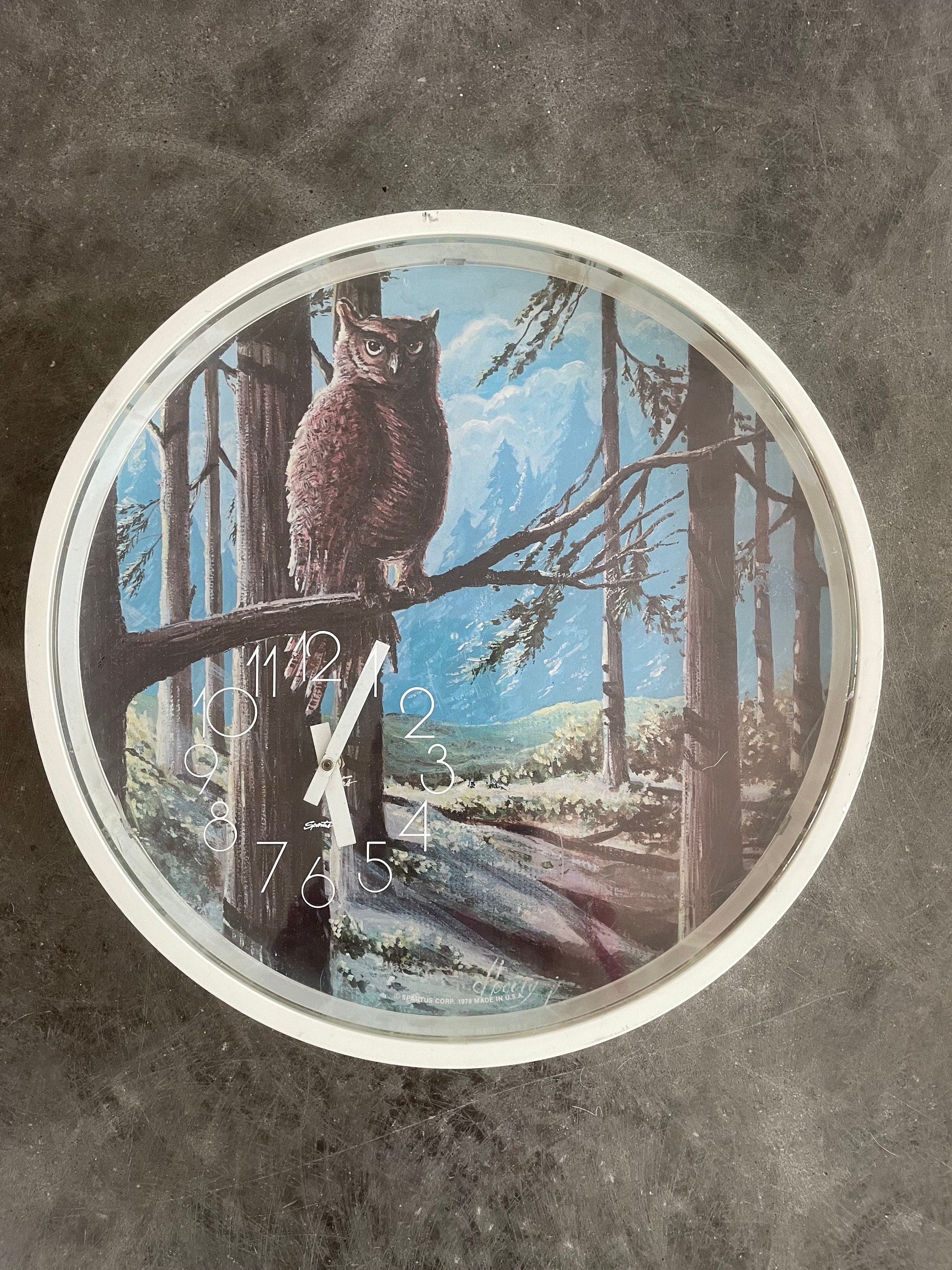 vintage 1970s owl snowy winter forest scene wall clock
