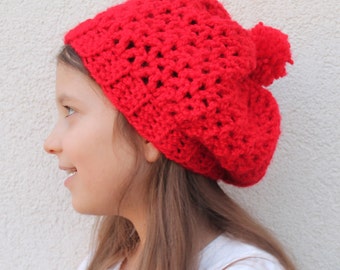 crochet slouchy beanie pattern - One Skein crochet hat v-stitch slouchy beret easy crochet beret pattern