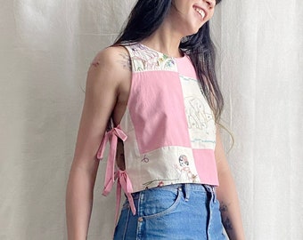 Quilt Bib Tank - vintage 1940s embroidered animals quilt top checker white pink women's crop top vest  summer blouse side tie one-of-a-kind