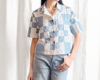 Vintage 1970s Quilt Top Boxy Shirt: Blue Calico Irish Chain, Cropped Blouse M/L