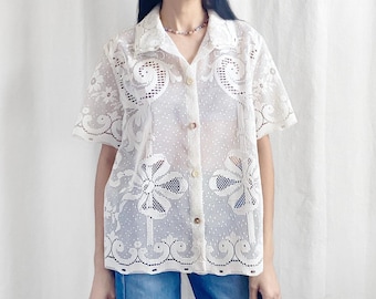 Vintage 60s Lace Curtain Shirt: Unisex Short Sleeve Top