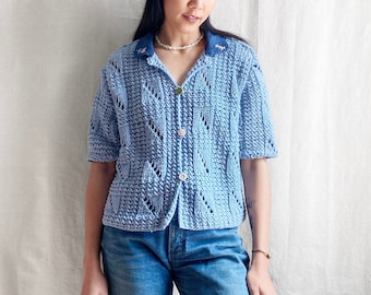 Crochet Boxy Shirt: Vintage 60s Hand-Knitted Coverlet with Floral Embroidery