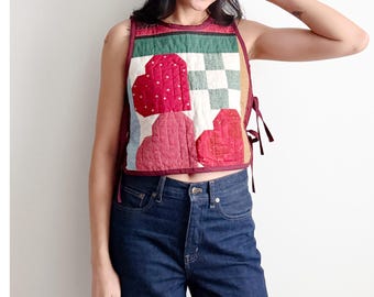 1990s Quilt Bib Tank Top: Hearts & Basket Blocks, Cropped Vest - S/M