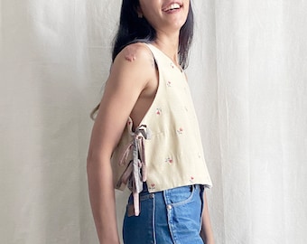 Tulip Deadstock Fabric Bib Tank - vintage 1990s floral tapestry cream beige red women's crop top summer blouse side tie one-of-a-kind