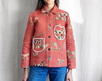 Few of a Kind: Workwear inspired jacket with twist of tailored blazer 1990s dead-stock damask fabric "Dog lovers" copper orange grey green