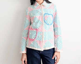 Vintage 1960s Gingham Plaid Quilt Blazer Jacket - Handmade S/M
