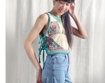 Quilt Bib Tank - vintage 90s Ohio star quilt green light yellow floral women's cropped vest sleeveless all-season side tie top one-of-a-kind