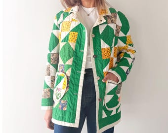 Quilt Chore Coat: 1970s Vintage Jacob Ladder Jacket Green White Size M/L