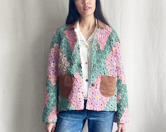 Yo-Yo quilt blazer jacket - vintage 20s quilt green pink diamond pattern corduroy collar women's all season top unique one-of-a-kind