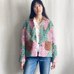 Yo-Yo quilt blazer jacket - vintage 20s quilt green pink diamond pattern corduroy collar women&#39;s all season top unique one-of-a-kind