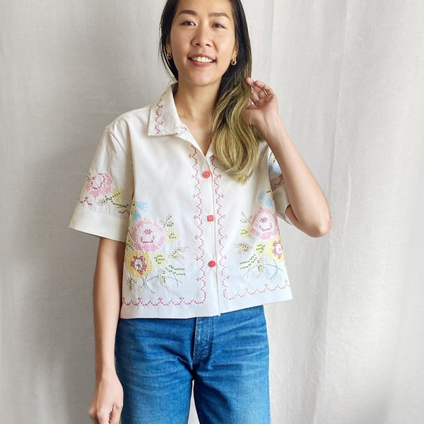 Few of a Kind: Oversized cropped boxy short sleeves shirt top blouse vintage 1970s Roses cross-stitch tablecloth beige tan pink yellow red