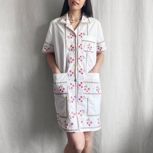 Tablecloth Dress vintage 1970s Cross-stitch embroidered cherries white red green fruit theme women's shirt dress one-of-a-kind image 1