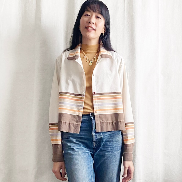 Stripe Bed Sheet Boxy Shirt - vintage 70s retro cream brown orange tan old school women's cropped long sleeves top blouse one-of-a-kind