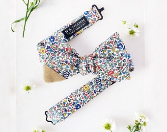 Brody Men's Bow tie - Floral forrest multi-blue white navy red green bowtie with biscotti yellow tip