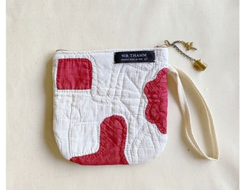 Few of a Kind: vintage quilt zipper pouch wallet wristlet purse with vintage brass charms white red