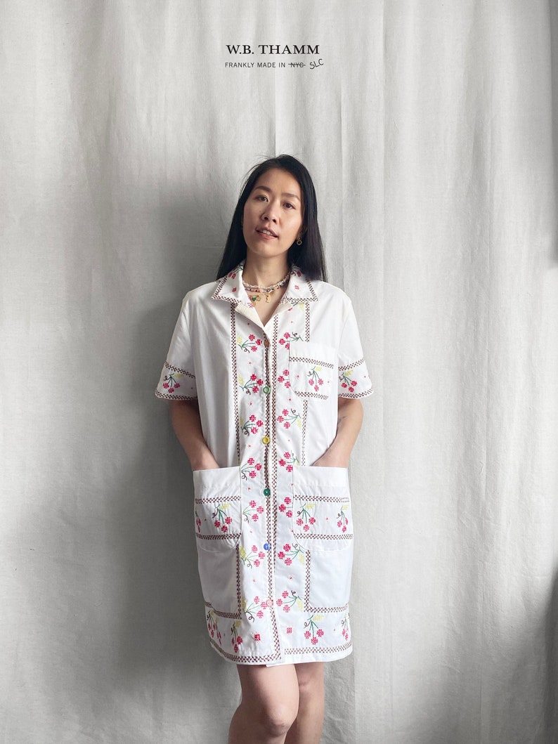 Tablecloth Dress vintage 1970s Cross-stitch embroidered cherries white red green fruit theme women's shirt dress one-of-a-kind image 1