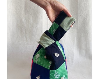 Quilt Reversible Knot Bag -  wristlet purse minimal vintage quilt retro patchwork blue green black pink indigo one-of-a-kind