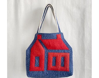 Schoolhouse Quilt Shoulder bag - large tote bucket handbag minimal vintage house shaped applique utility shopping one-of-a-kind blue red