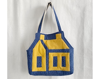 Schoolhouse Quilt Shoulder bag - large tote bucket handbag minimal vintage house shaped applique utility shopping one-of-a-kind blue yellow