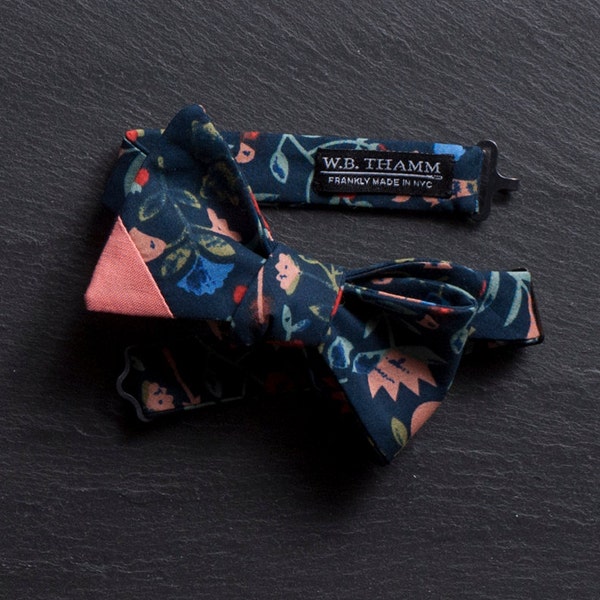 Alan Men's Bow tie - Floral print navy with orange salmon bowtie