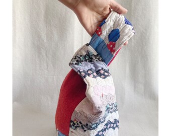 Quilt Reversible Knot Bag -  wristlet purse minimal vintage quilt grandma flowers garden red wool blue white geometric one-of-a-kind