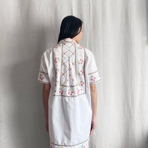 Tablecloth Dress vintage 1970s Cross-stitch embroidered cherries white red green fruit theme women's shirt dress one-of-a-kind image 2