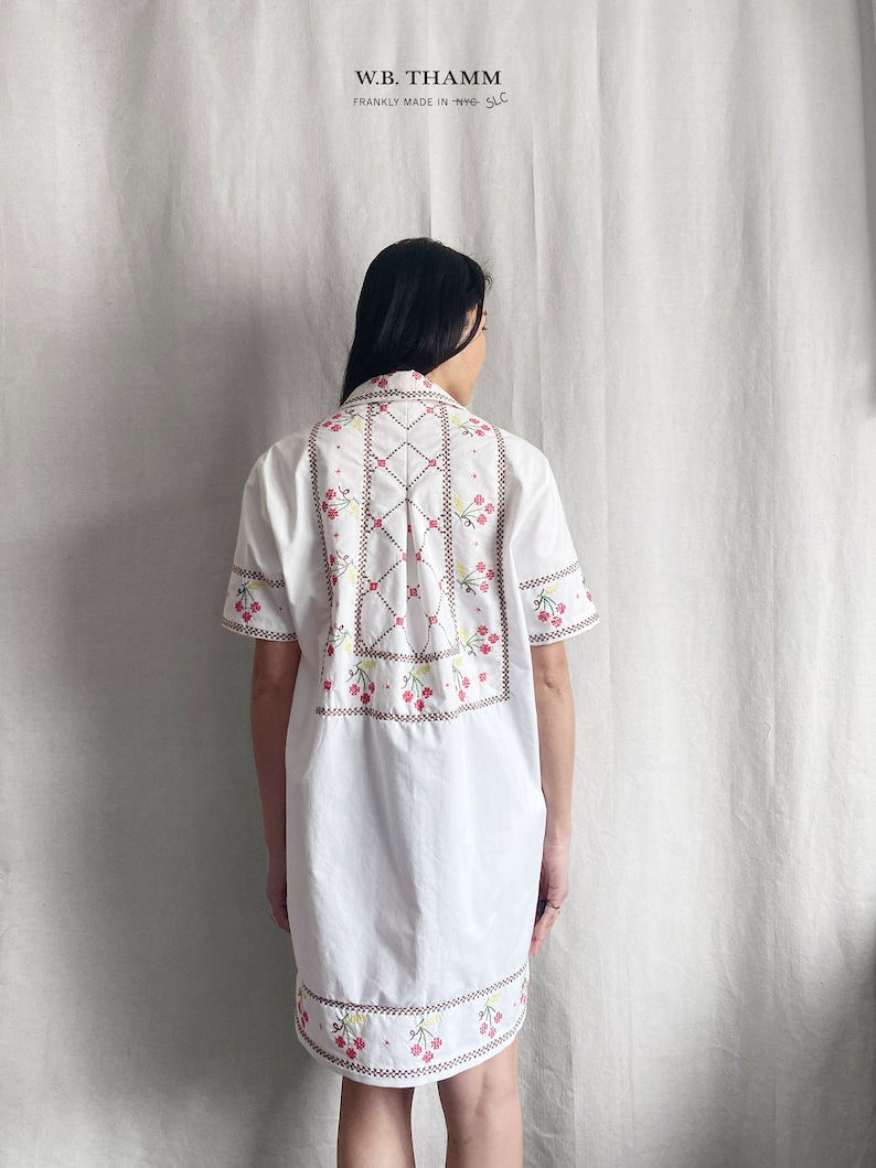 Tablecloth Dress vintage 1970s Cross-stitch embroidered cherries white red green fruit theme women's shirt dress one-of-a-kind image 2