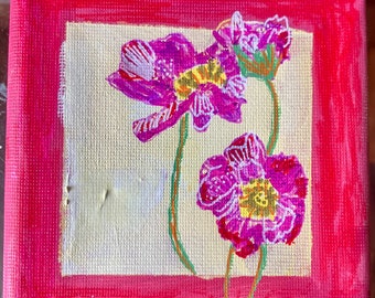 Purple Wildflowers, Original Acrylic 4" x 4" Painting, Original Home Decor, Original Art, One of a Kind, Acrylic on Canvas, Handmade