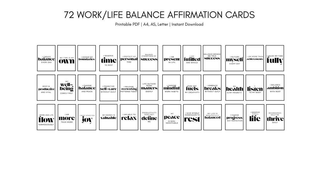 Work Life Balance Cards, Instant Download, Printable, Worklife Balance ...