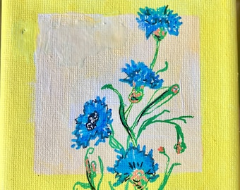 Blue Wildflowers, Original Acrylic Painting, Art, 4" x 4" Stretched Canvas, Original Art, One of a Kind, Acrylic on Canvas, Handmade