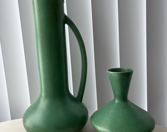 Gorgeous pair of rare seafoam matte Haeger pottery pieces large ewer and vase