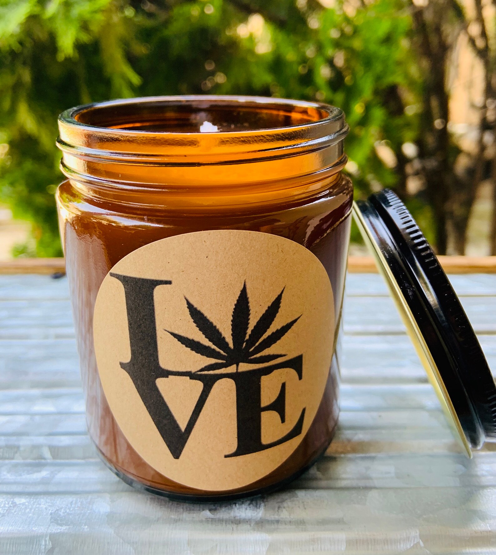 Hemp Candle . Cannabis Flower Scented Candle . Amber Glass Soy Candle