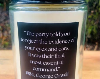 George Orwell 1984 . Dystopian . Coconut Wax Candle . Custom Candles . Wholesale Candles .