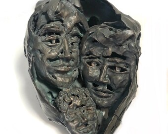 Bronze Brutalist Cubist Sculpture, Family Portrait, Mid-Century Modern