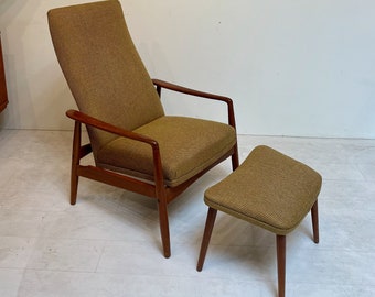 Danish Vintage Teak and Upholstered Reclining Lounge Chair & Ottoman, by SL Mobler