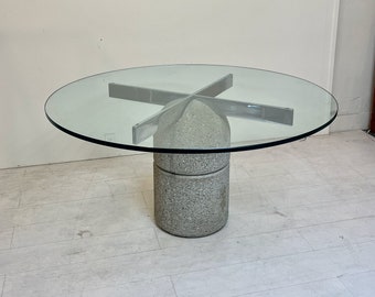 Vintage Saporiti Italia Round Dining Table - Concrete Column with Chrome Supports and Glass Top