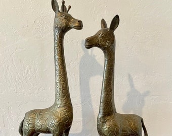 Pair of Large Vintage Brass Giraffe Sculptures | 1960s Hollywood Regency Style