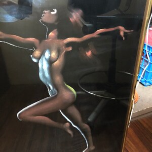 Original Black Velvet Painting Standing Nude after Tyree Framed, 34x23 image 2
