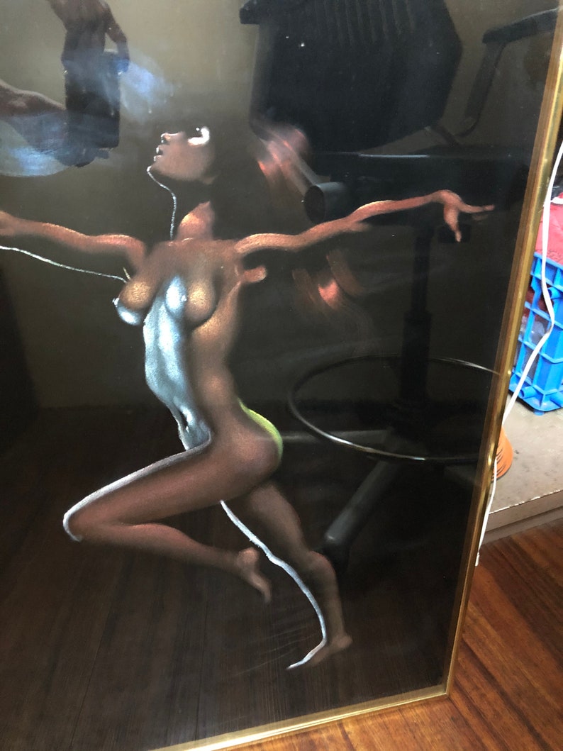 Original Black Velvet Painting Standing Nude after Tyree Framed, 34x23 image 2